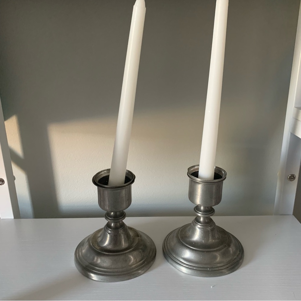 Pair of  Vintage Antique Weighted Americana Pewter Candlestick Holders 5” 28215